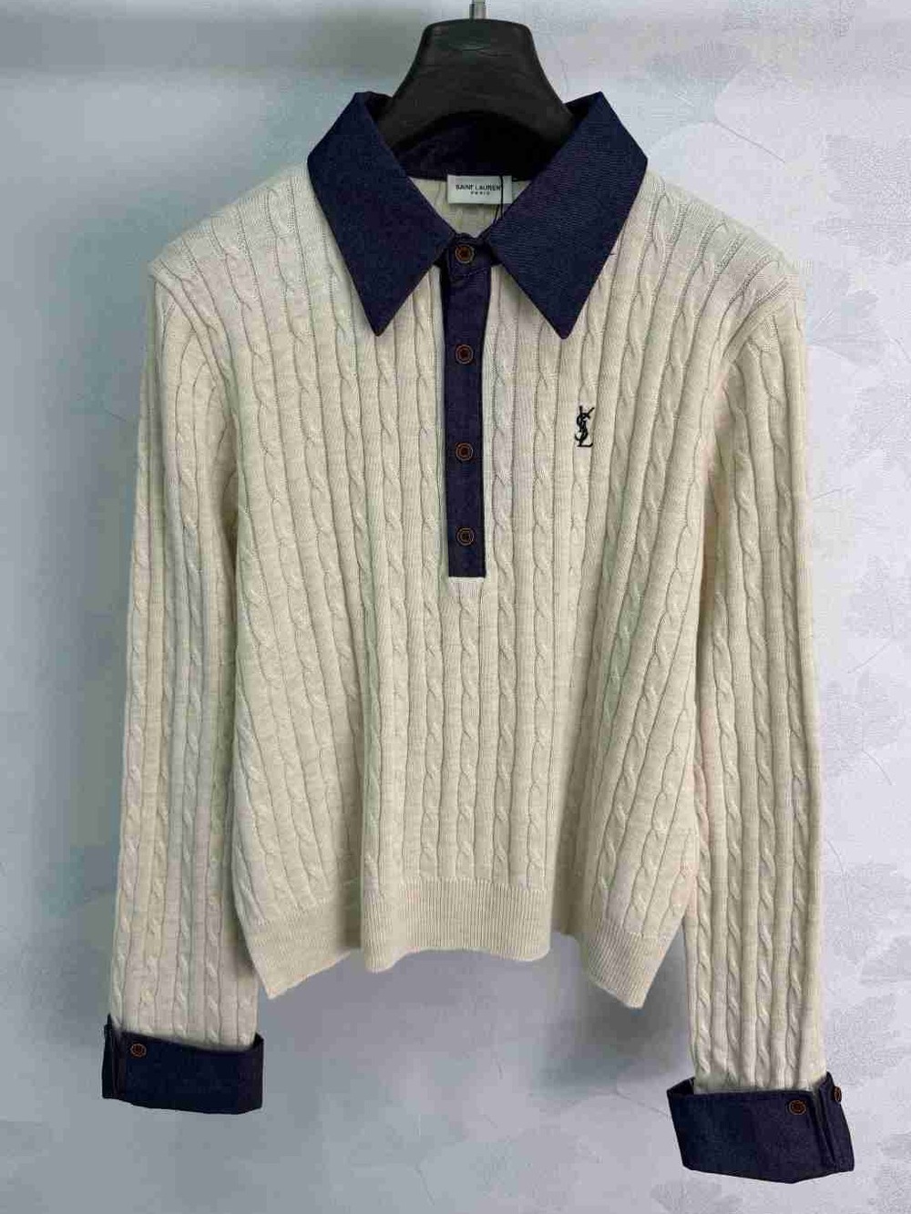 Yves Saint Laurent Cream Cable Knit Polo with Navy Collar and Placket